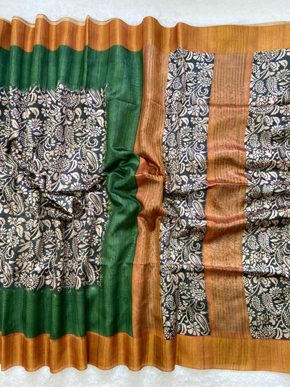 Traditional Emerald Green Soft Tussar Silk Saree with Kalamkari Block Prints