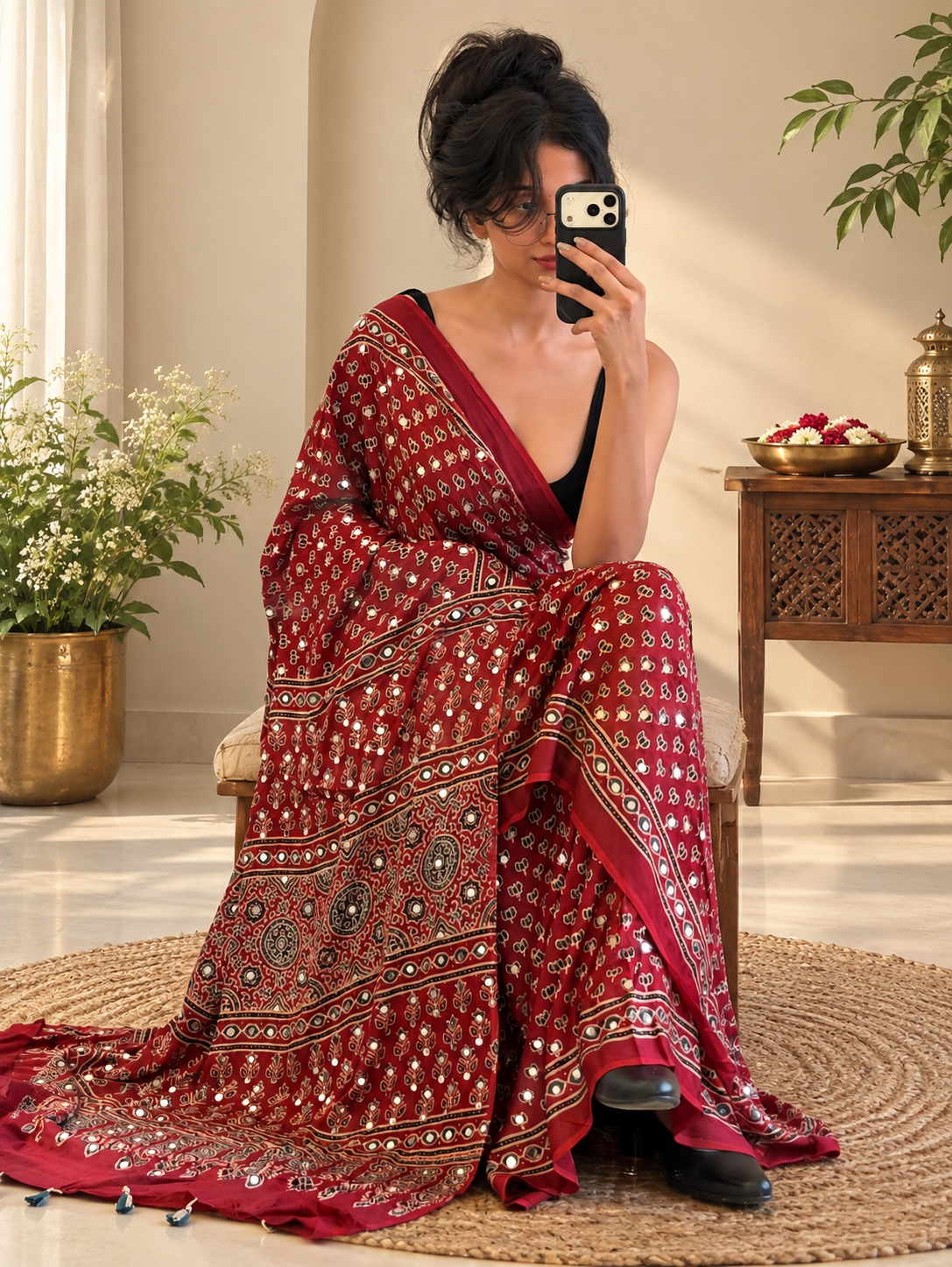 Traditional Red Pure Gajji Silk Ajrakh Saree with Handcrafted Mirror