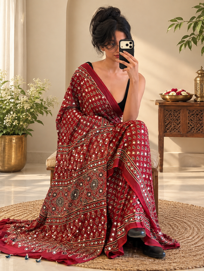 Traditional Red Pure Gajji Silk Ajrakh Saree with Handcrafted Mirror