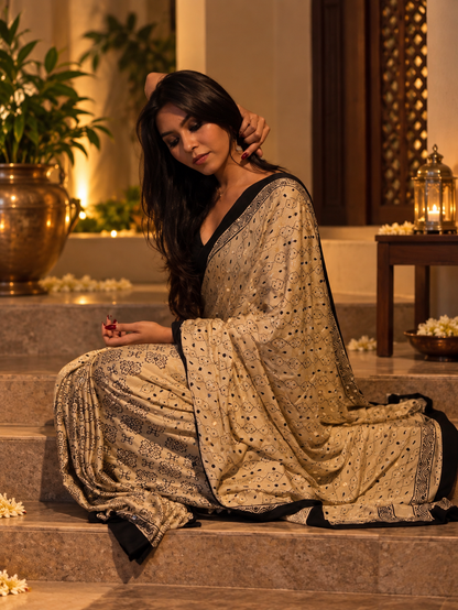 Marvelous White Pure Gajji Silk Ajrakh Saree with Real Mirror Work