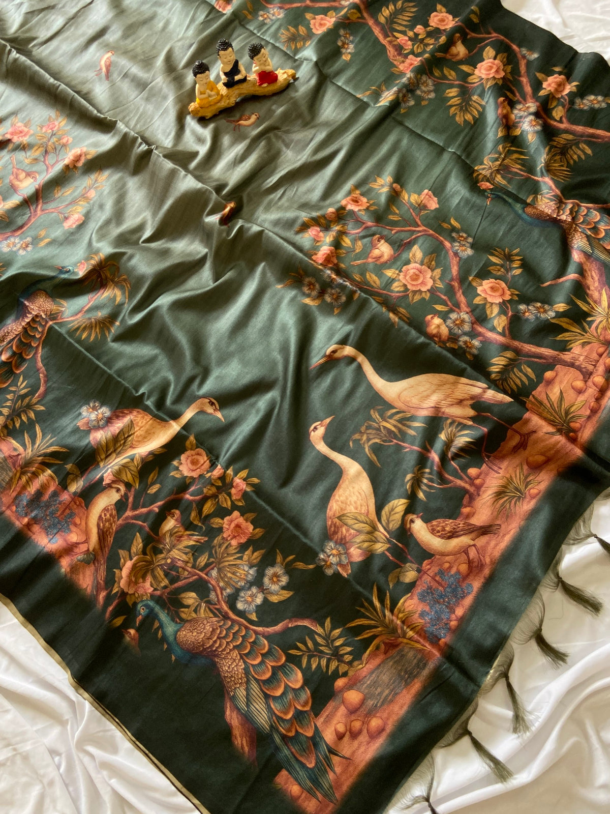 Traditional Bottle Green Crane Print Soft Tussar Silk Saree