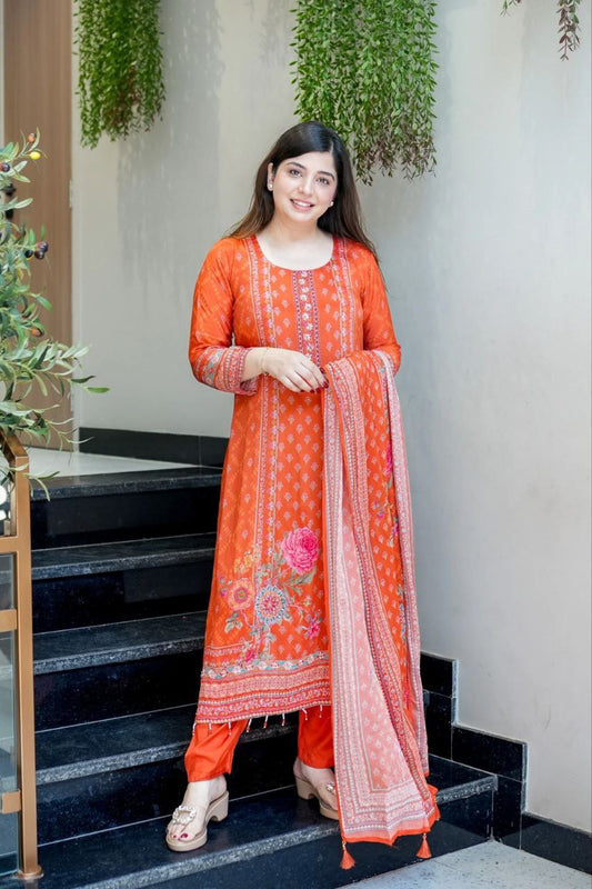 Designer Orange Chinon Silk Salwar Suit with Original Mirror Hand Work