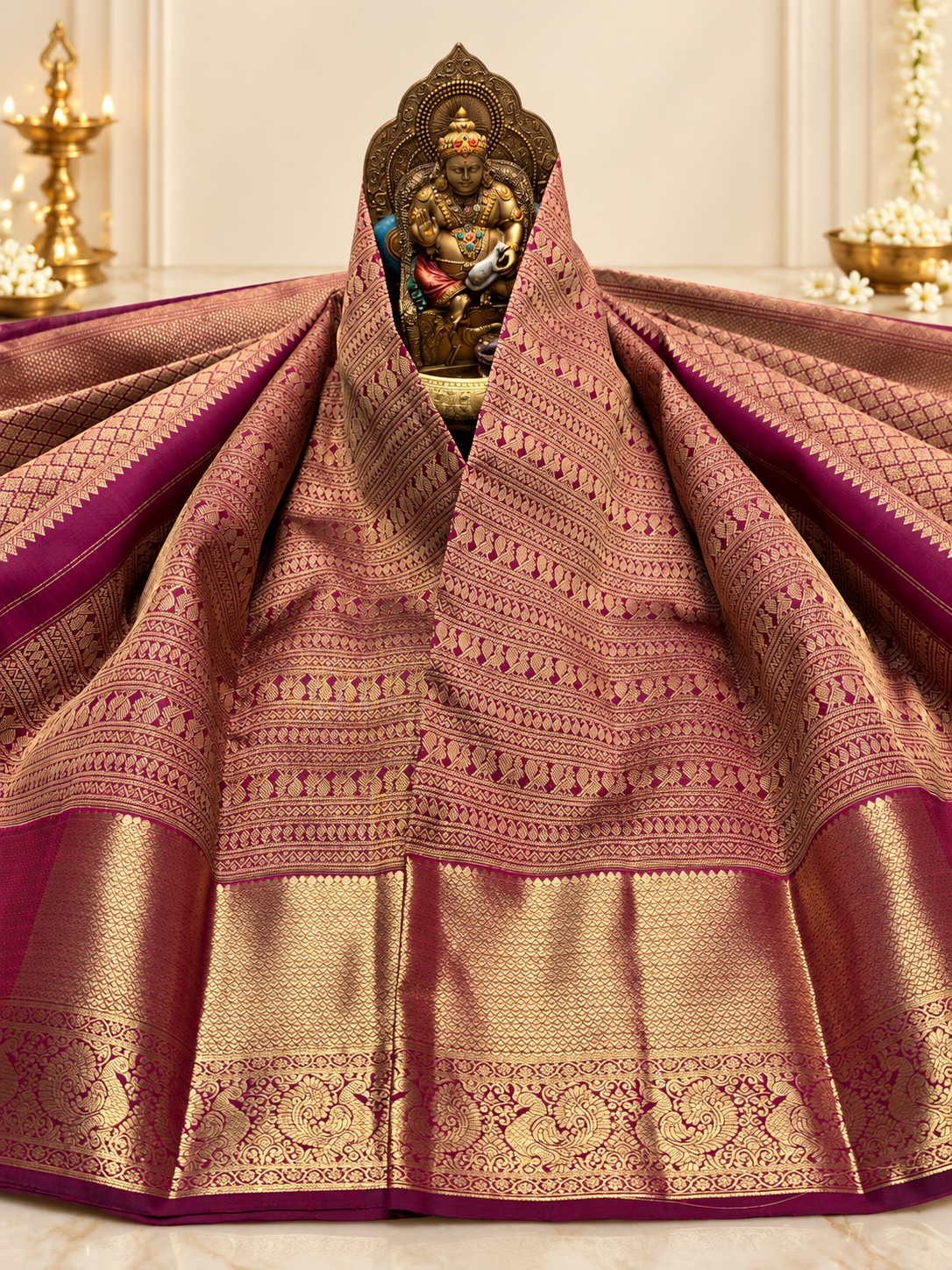 Traditional Wine Soft Banarasi Silk Saree with Pure Gold Zari Bird Motif Border
