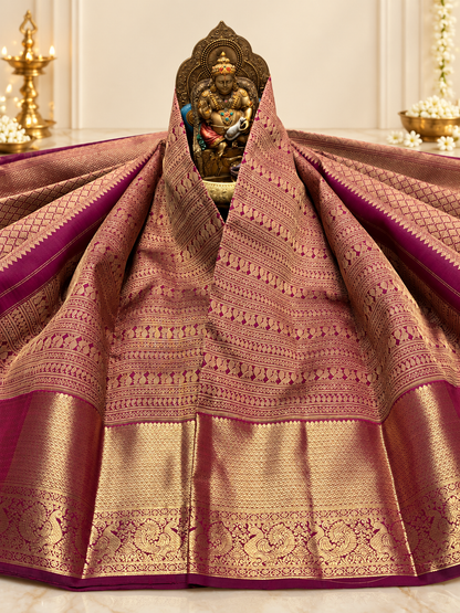 Traditional Wine Soft Banarasi Silk Saree with Pure Gold Zari Bird Motif Border