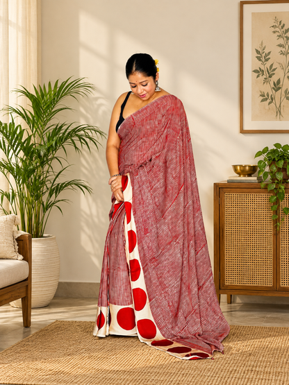 Designer Red Handblock Micro-Striped Modal Silk Saree