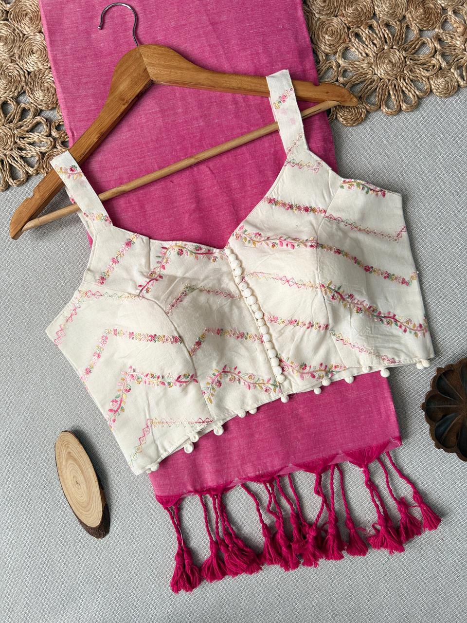 Dharma Exclusive - Pink Handloom Cotton Saree With Havy Embroidery Stitched Blouse