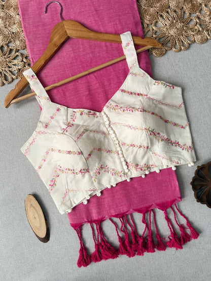 Dharma Exclusive - Pink Handloom Cotton Saree With Havy Embroidery Stitched Blouse