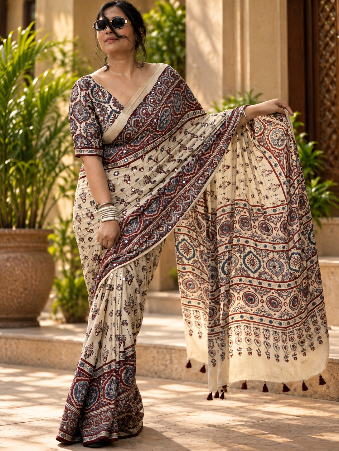 Very Beautiful Off-White Traditional Ajrakh Block-Print Gajji Silk Saree
