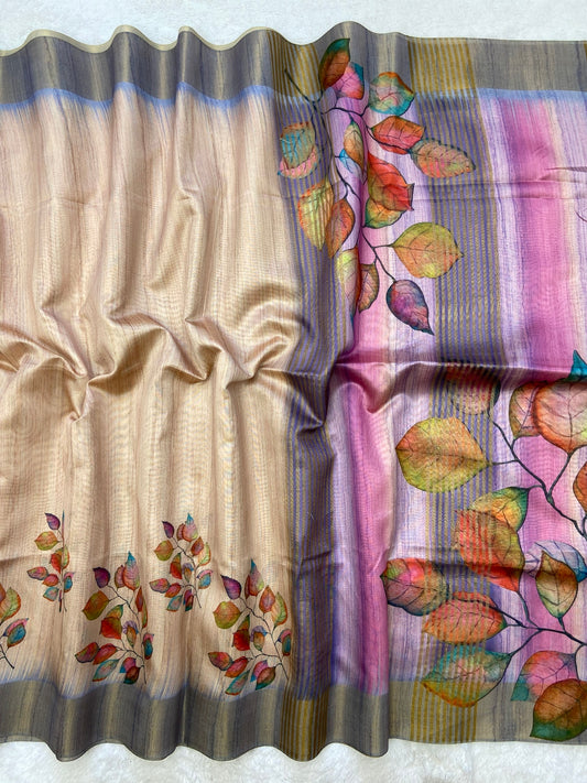 Vamika Lavender Grey Botanical Print Tussar Silk Saree