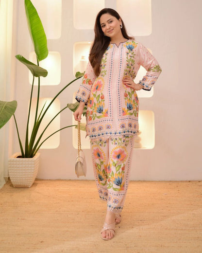 Very Beautiful Pink Soft Muslin Digital Printed Co-Ord Set