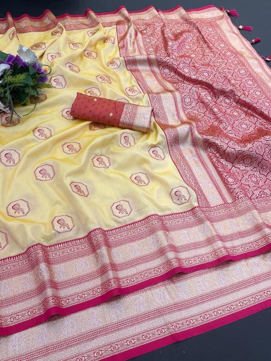 Elegant Light Yellow Silk Saree With Royal Pink Zari Border For Women