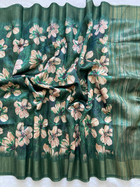 Emerald Green Floral Prints Soft Tussar Silk Saree with Tassel Pallu
