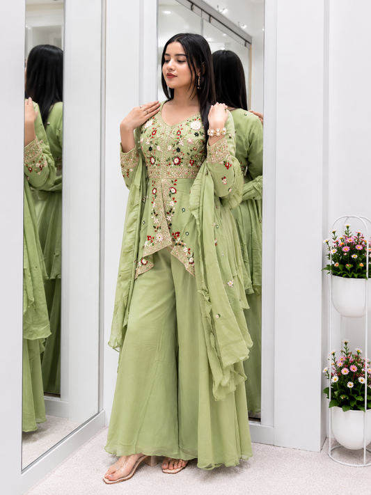 Very Attractive Teal Green Rangoli Silk Embroidered Suit Set