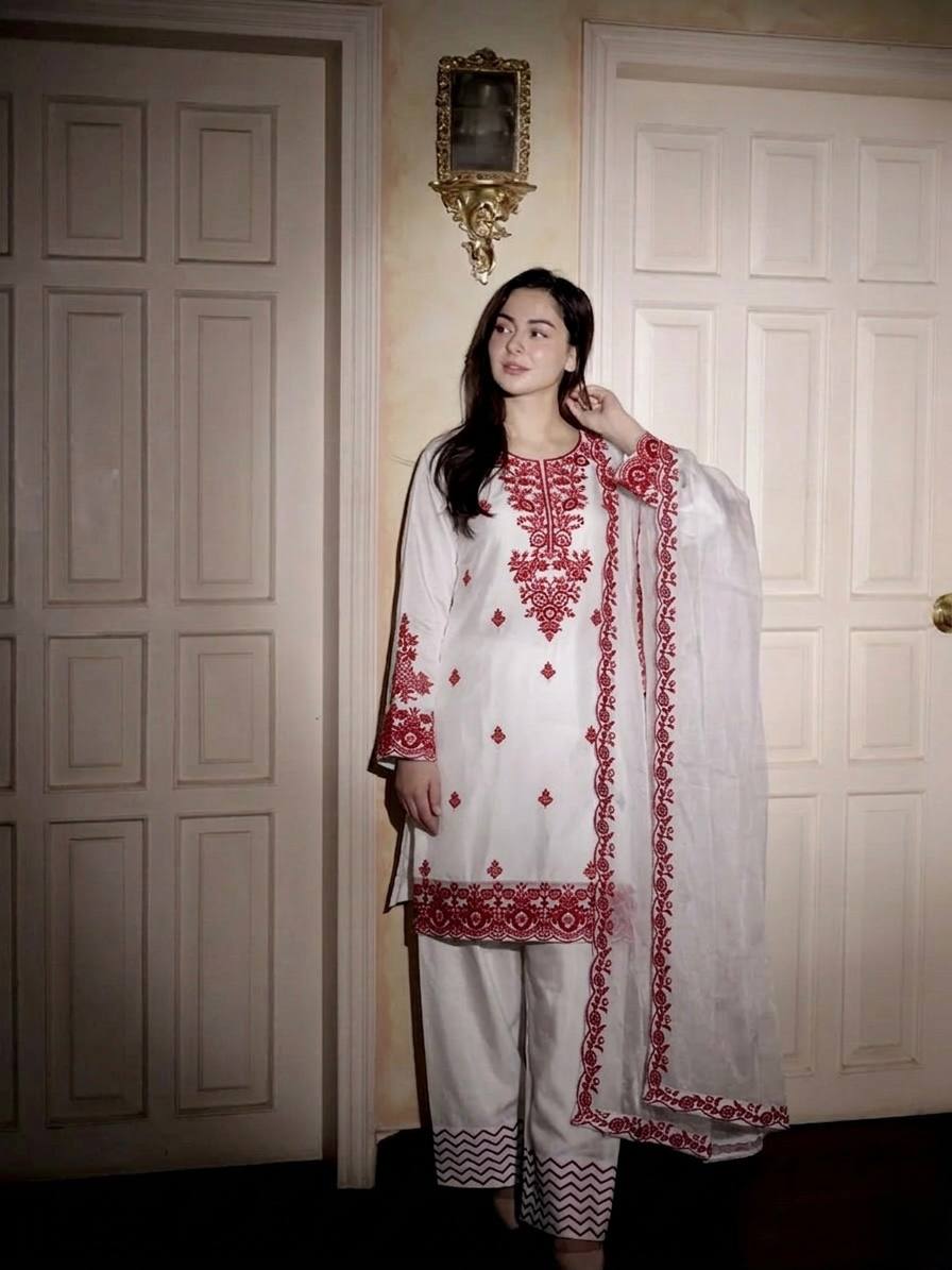 Elegant White & Red Rayon Cotton Embroidery Suit Set