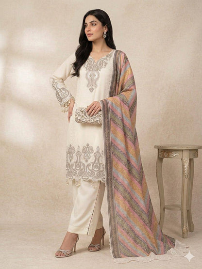 Elegant Star Georgette Embroidered Salwar Suit with Multicolor Chevron Dupatta