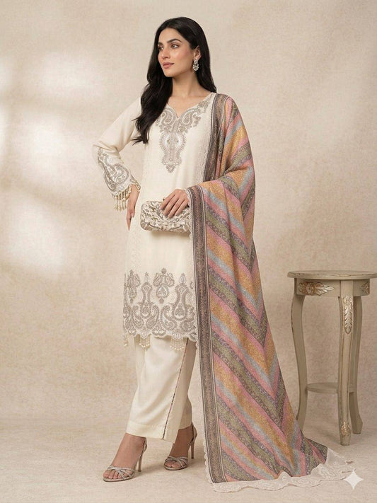Elegant Star Georgette Embroidered Salwar Suit with Multicolor Chevron Dupatta