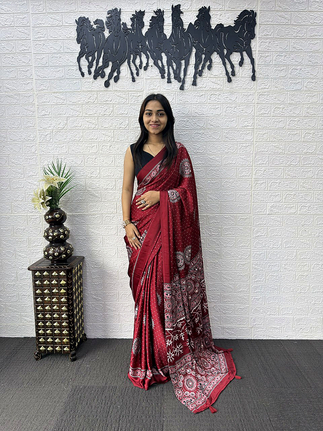 Very Beautiful Maroon Ajrakh Printed Japan Silk Saree