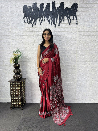 Very Beautiful Maroon Ajrakh Printed Japan Silk Saree