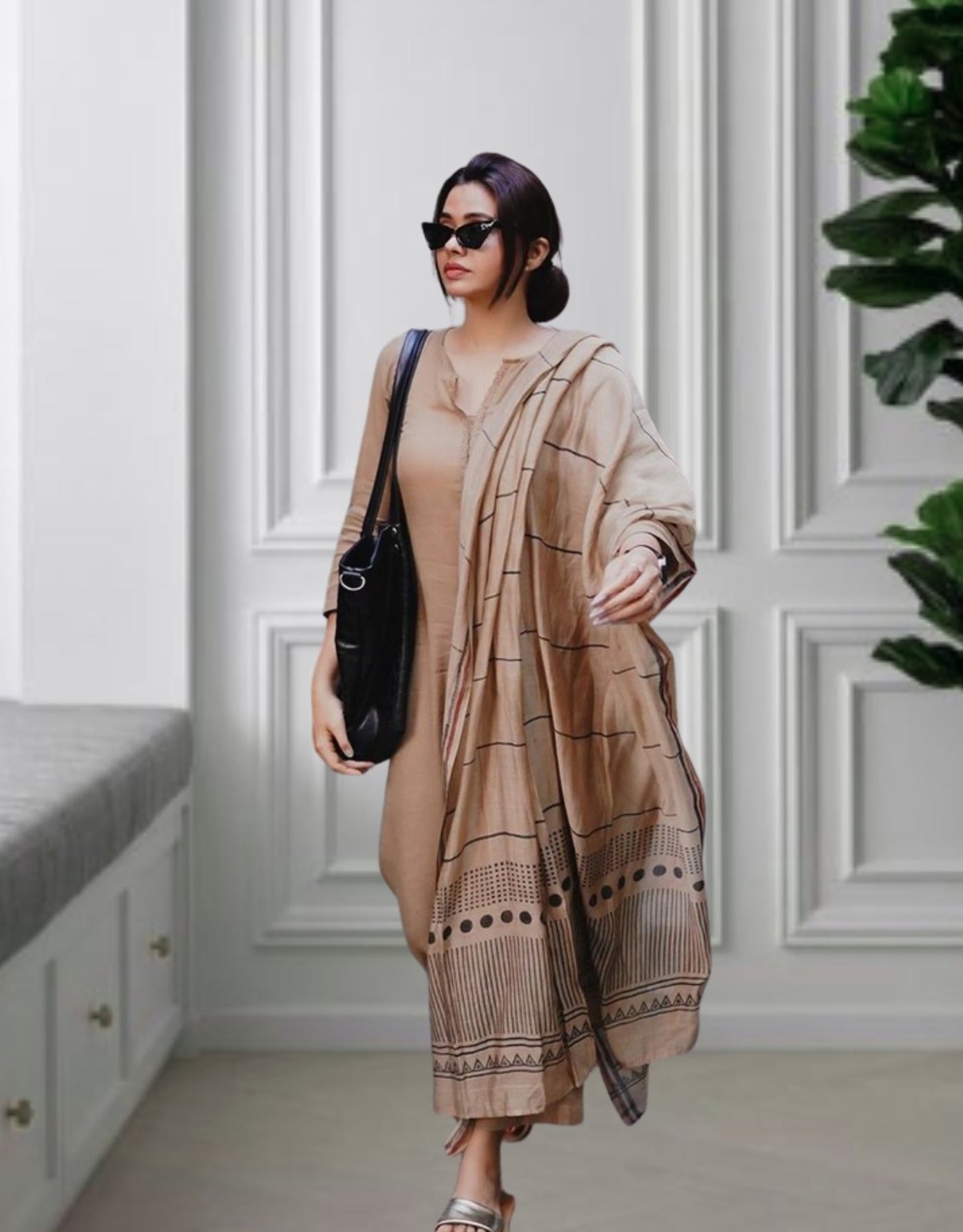 Elegant Beige Viscose Rayon Straight Kurta Pant Set with Print Dupatta