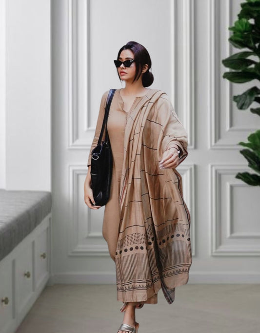 Elegant Beige Viscose Rayon Straight Kurta Pant Set with Print Dupatta