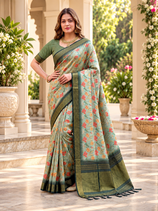 Trendy Sage Green Soft Tissue Silk Saree with Pastel Floral Print & Zari Border