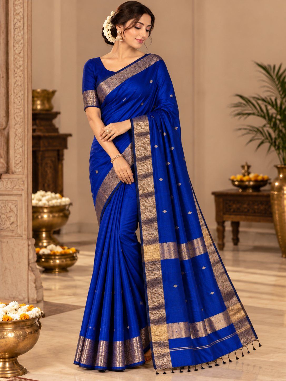 Royal Blue Handloom Maheshwari Cotton Silk Saree