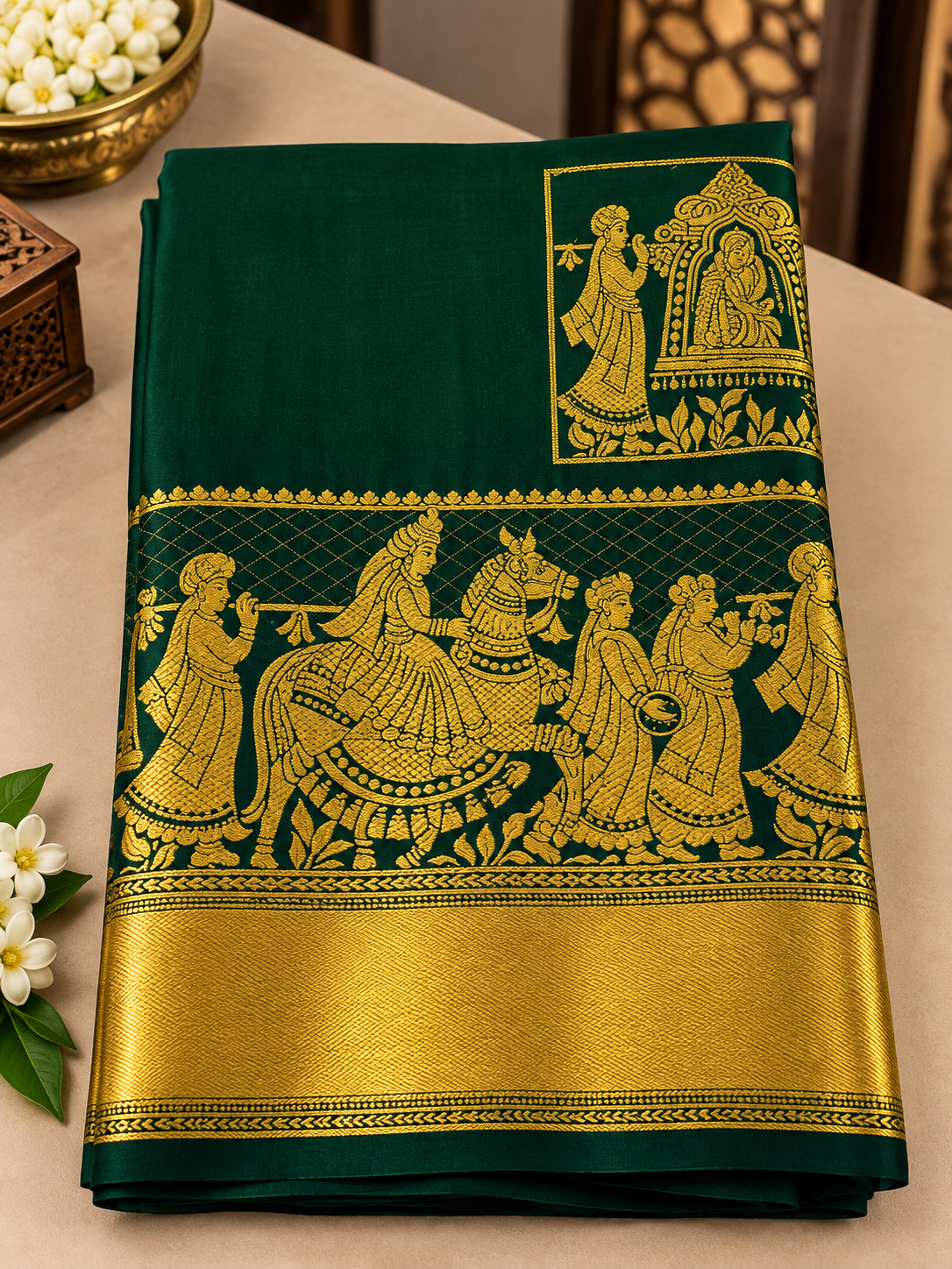 Festive Dark Green Soft Banarasi Silk Saree with With Deserving Blouse Piece