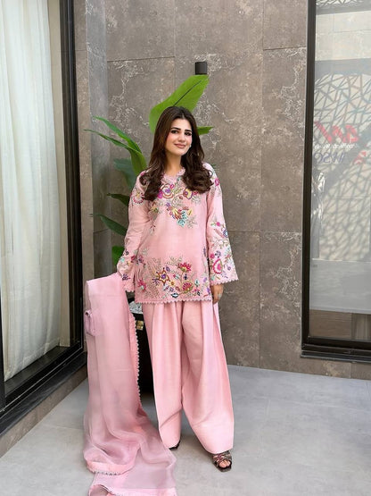 Beautiful Modern Pink Embroidered Crape Silk Suit Set with Organza Dupatta