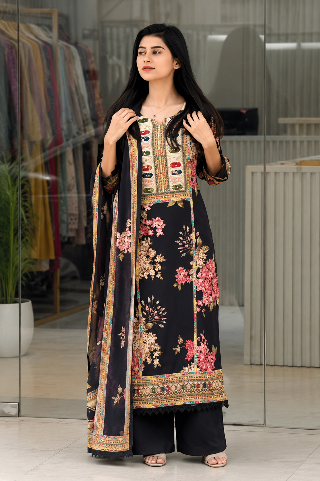 Very Attractive Floral Printed Muslin Suit Set with Sequin Embroidery Work