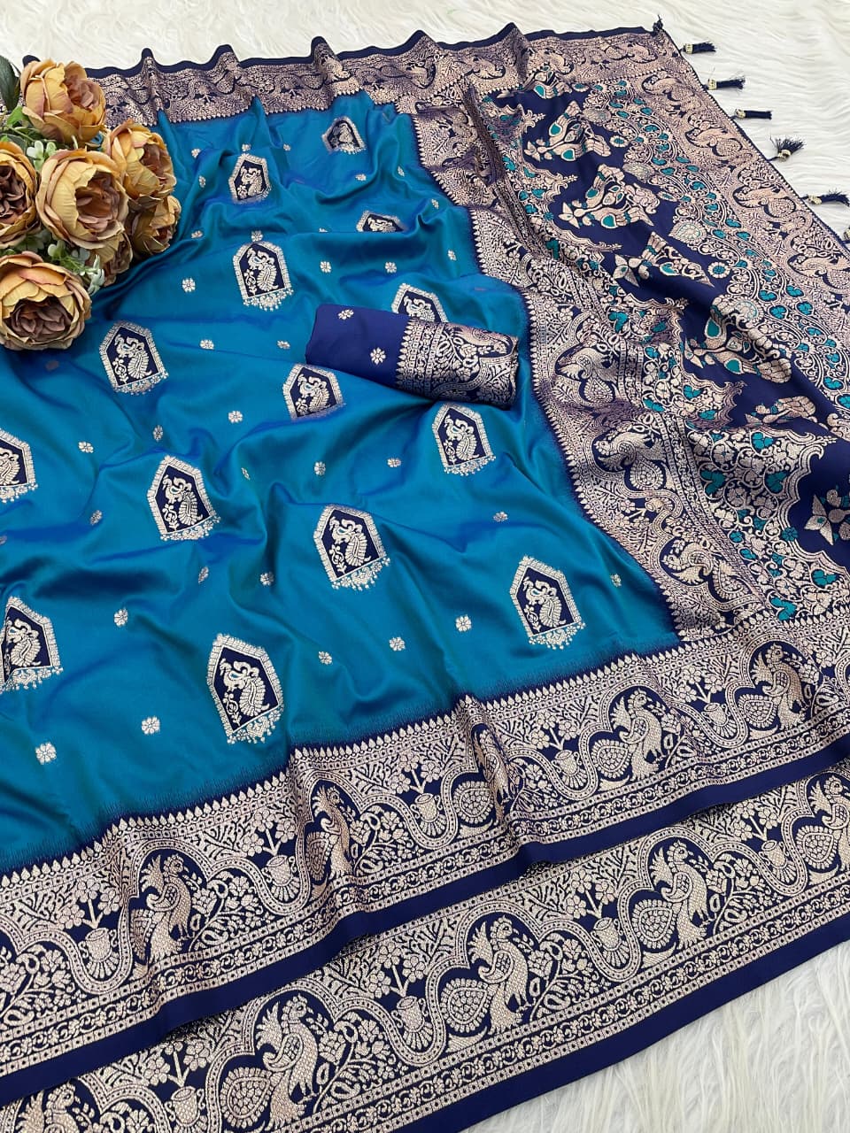 Designer Rama Silk Saree with Navy Blue Peacock Zari Rich Pallu