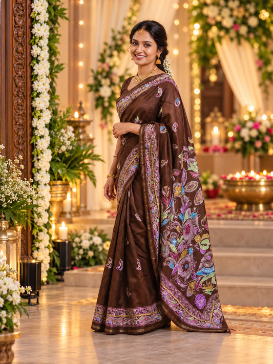 Treditional Brown Handloom Soft Tussar Silk Saree with Beautiful Pallu
