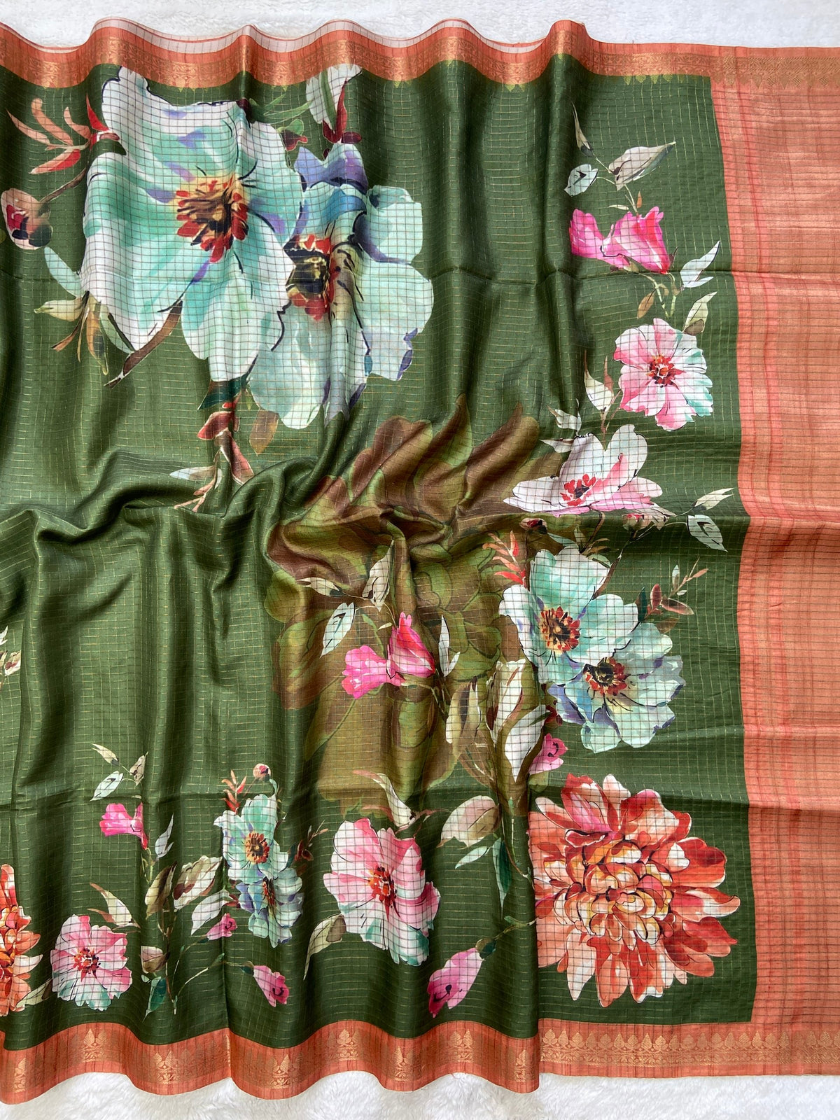 Aranya Olive-Rust Floral Print Soft Tussar Silk Saree