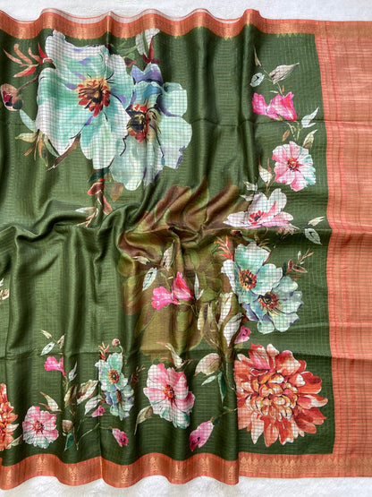 Aranya Olive-Rust Floral Print Soft Tussar Silk Saree