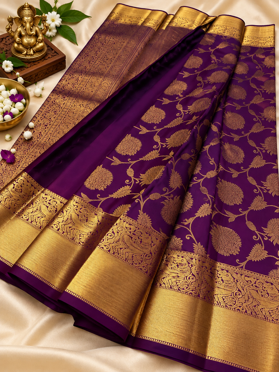 Royal Purple Handwoven Soft Banarasi Silk Saree with Intricate Gold Border