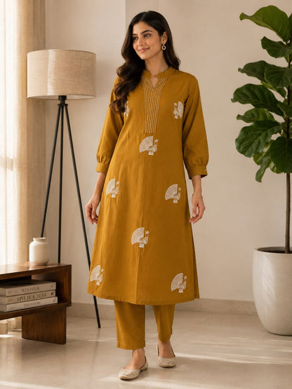 Elegant Yellow Voile Cotton A-Line Kurta Set with Peacock Thread Embroidery