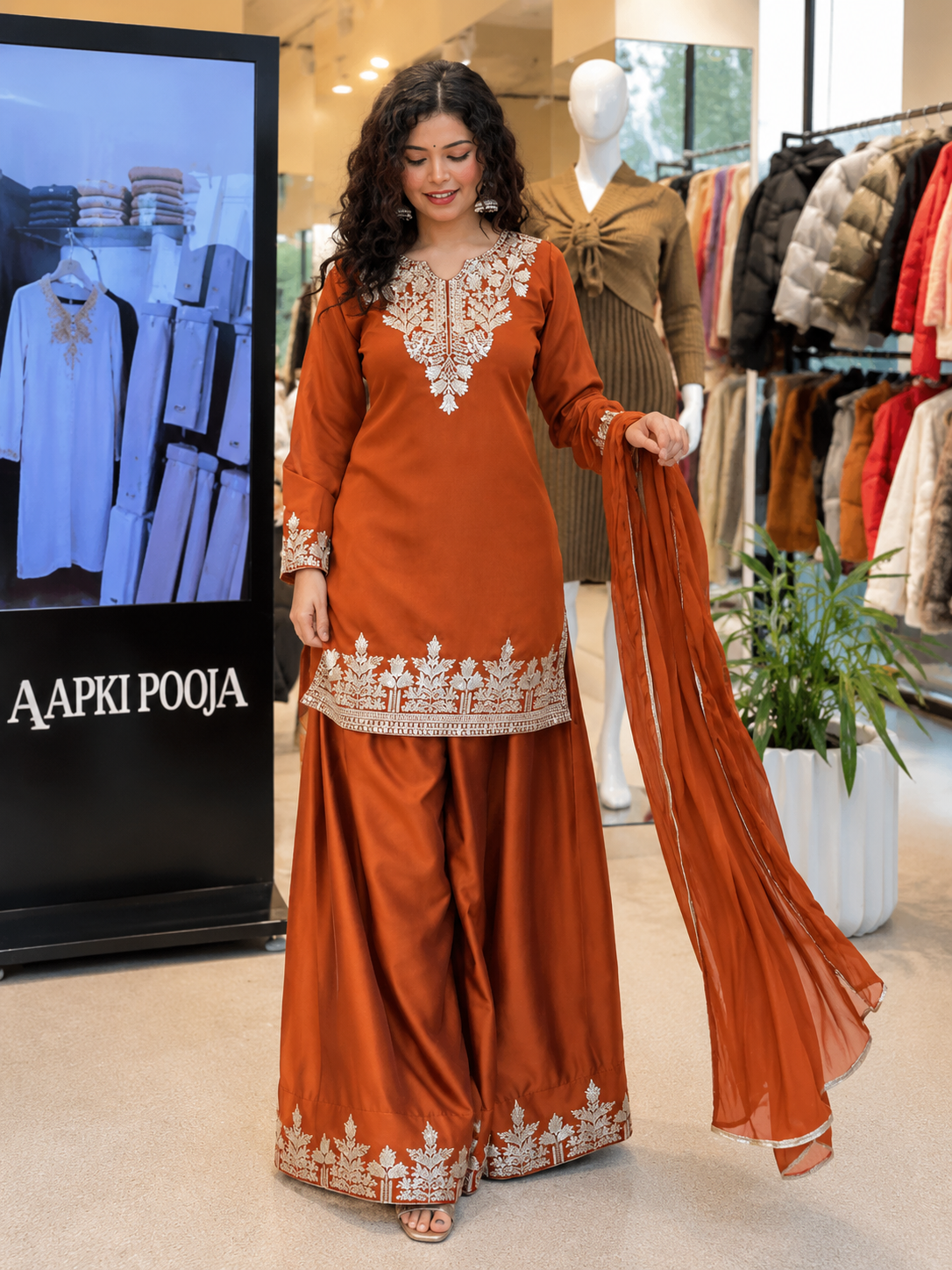 Very Attractive Orange Fandy Silk Embroidered Suit Set with Dupatta