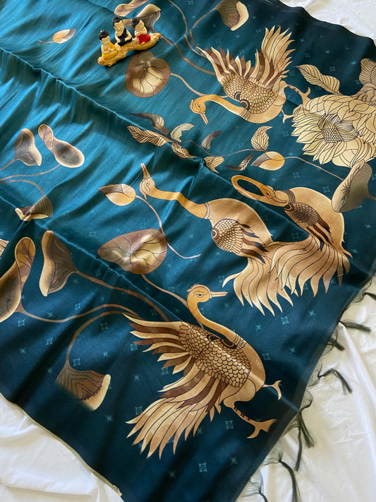 Nyra Teal Blue Crane Motif Soft Tussar Silk Saree