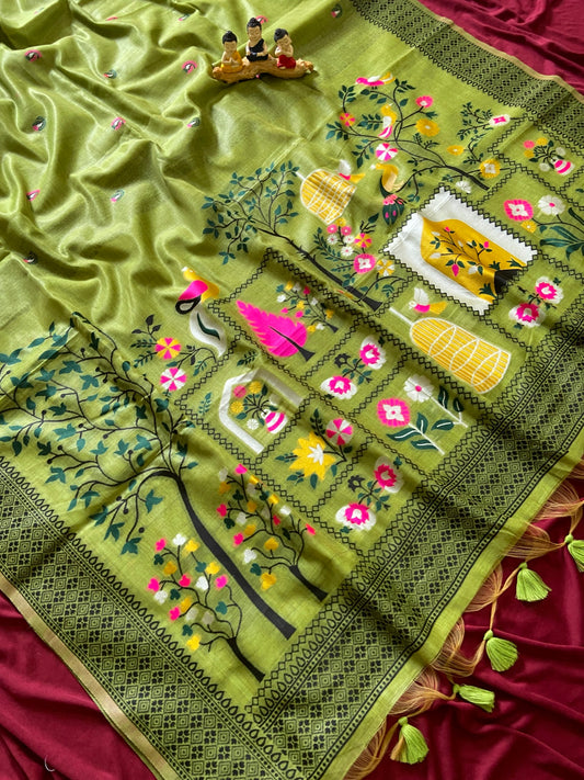 Elegant Olive Green Soft Jamdani Cotton Saree with 3D Woven Peacock Pallu