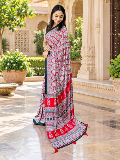 Charming Red Semi Gajji Silk Ajrakh Print Saree with Real Mirror Work