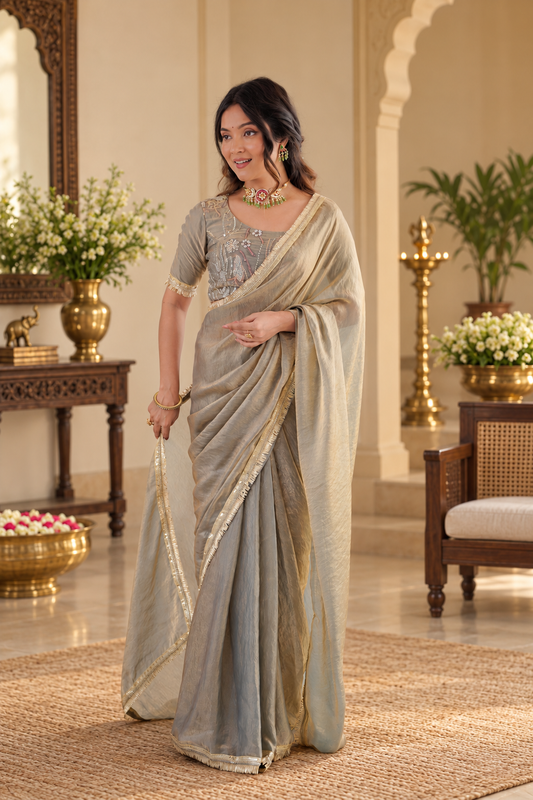 Elegant Sage Gray Fendy Silk Saree With Fancy Lace Work