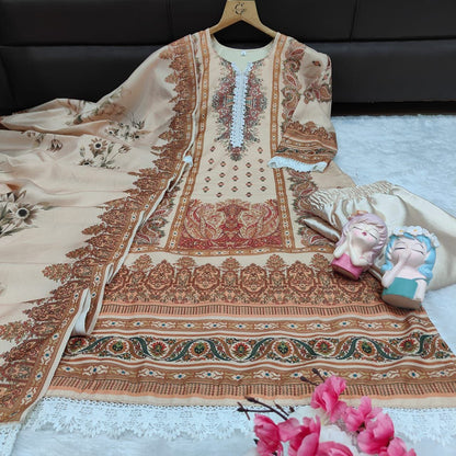 Elegant Cream Heavy Muslin Digital Printed Suit Set with Delicate Lace Work