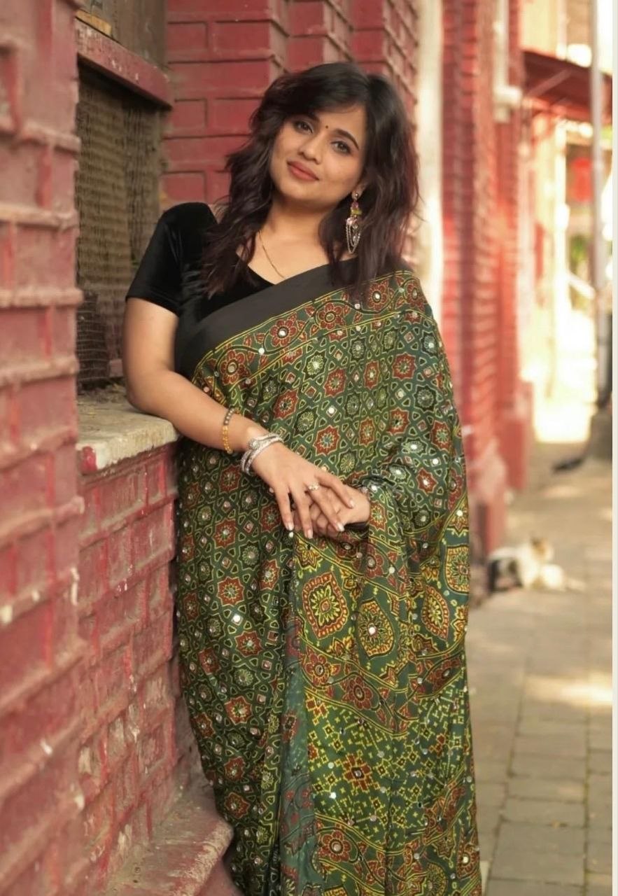 Trendy Green Ajrakh Hand-Block Printed Gajji Silk Saree With Mirror Work