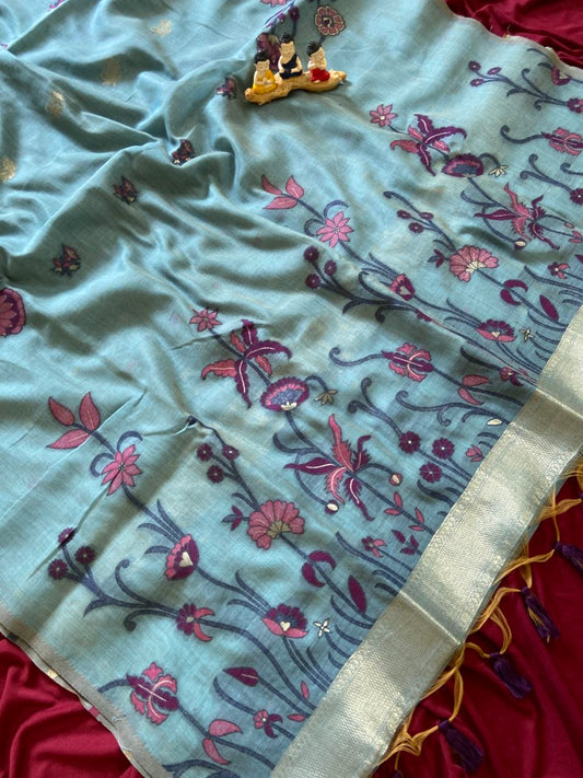 Myra - Pastel Teal Resham Woven Soft Muga Cotton Saree