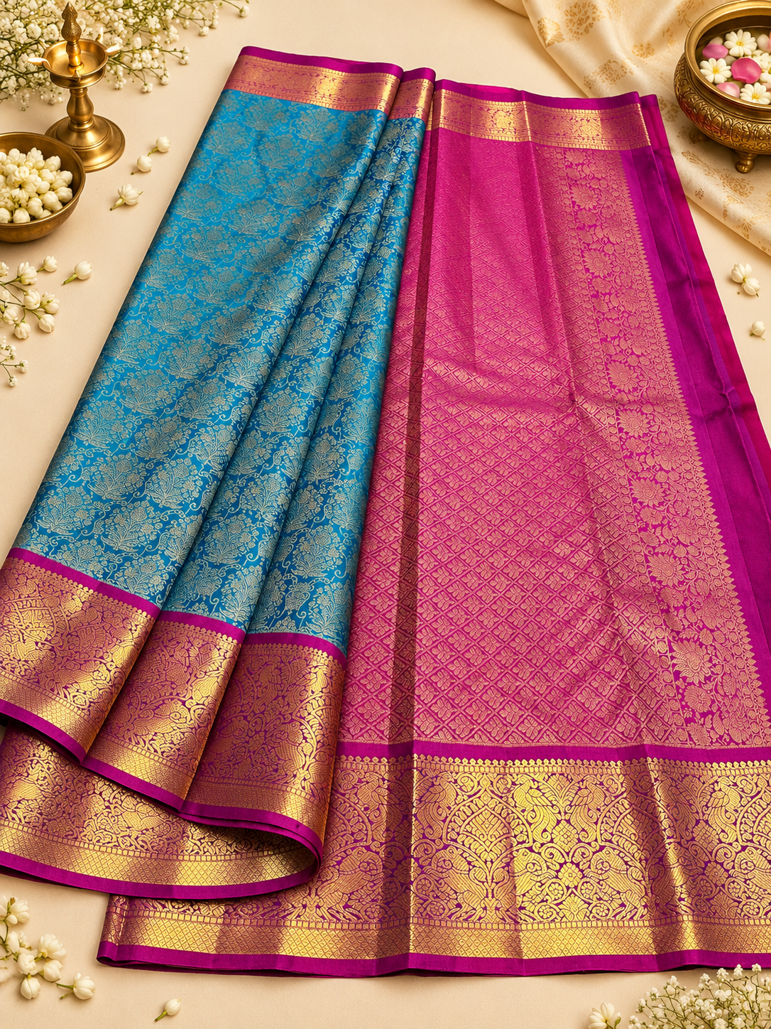 Awesome Teal Blue Pure Kanjivaram Silk Saree with Antique Gold Zari