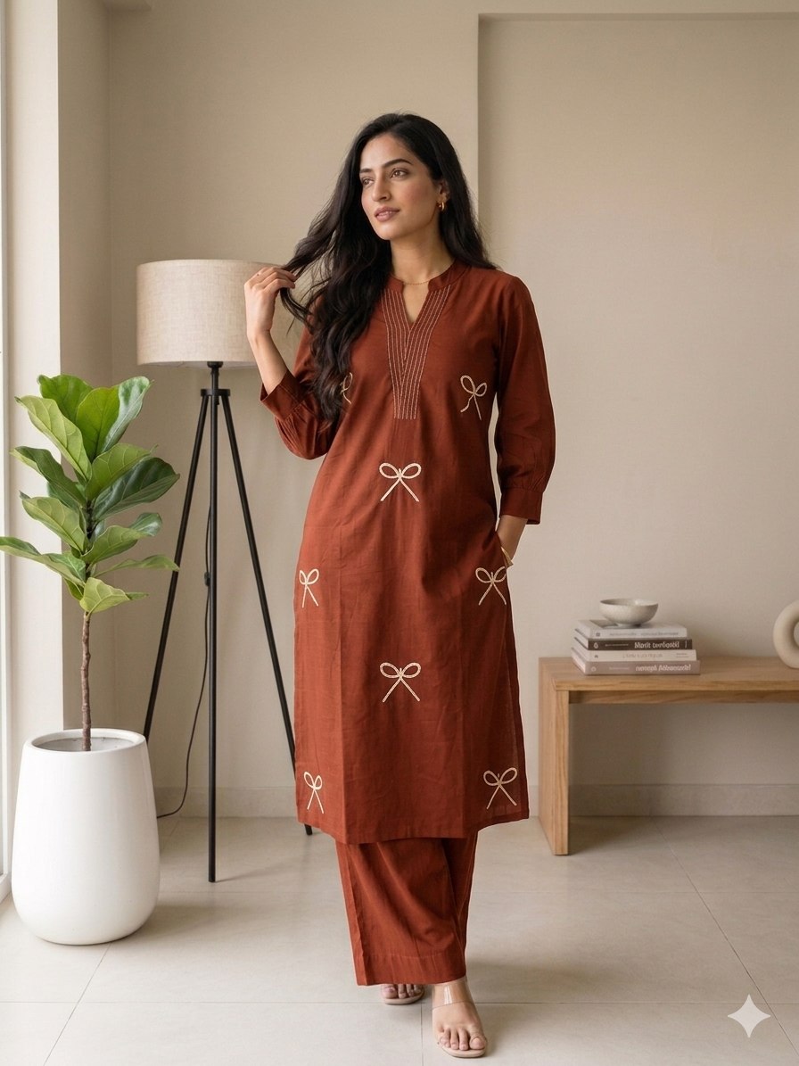 Elegant Terracotta Voile Cotton A-Line Tunic Set with Thread Work