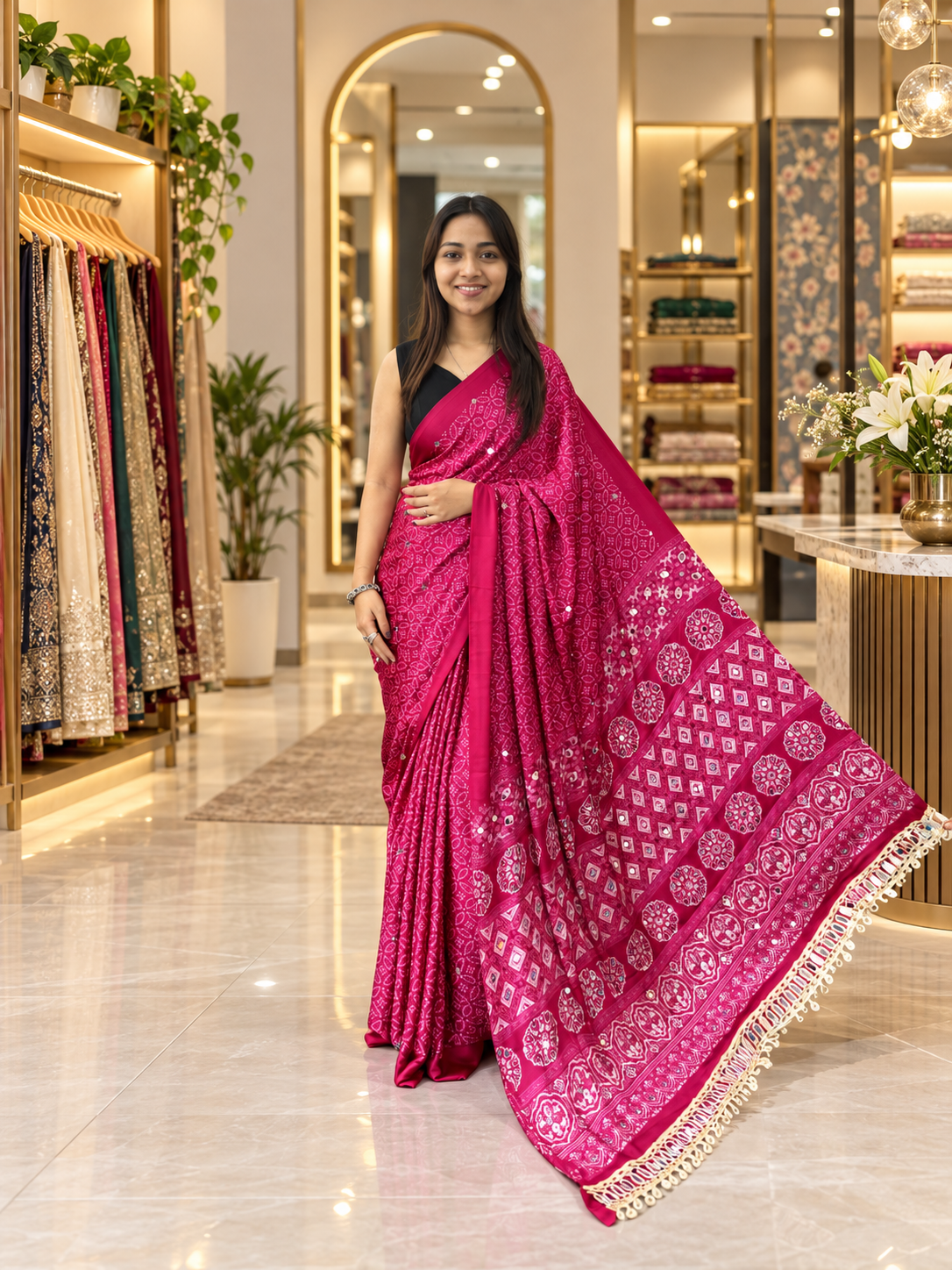 Treditional Festive Pink Gajji Silk Saree with Elegant Mirror Work & Tassels
