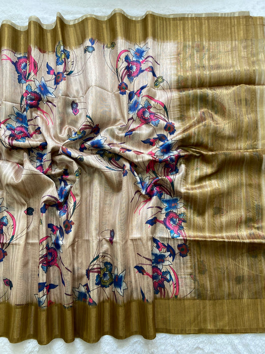 Elara Golden Aura Floral Printed Soft Tussar Silk Saree