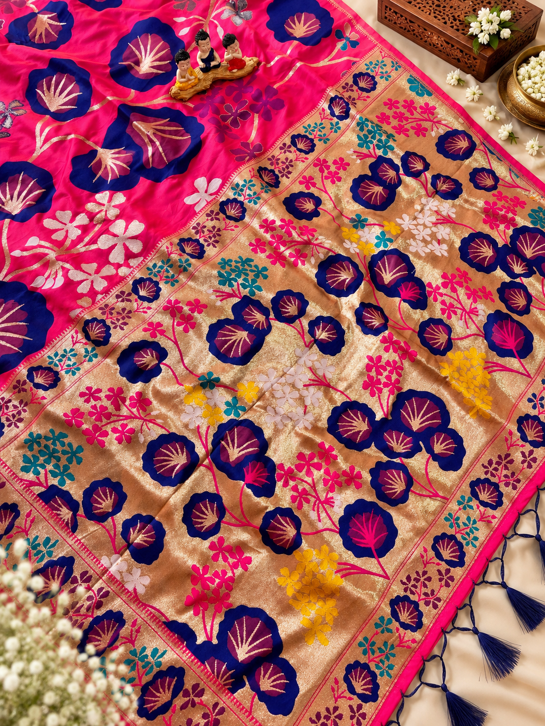 Traditional Rani Pink Soft Silk Saree with Zari Weaving and Tassels