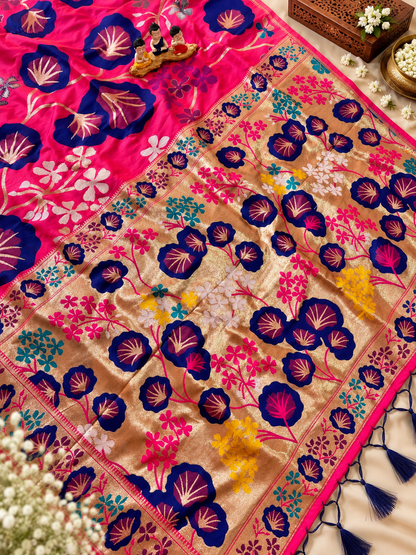 Traditional Rani Pink Soft Silk Saree with Zari Weaving and Tassels