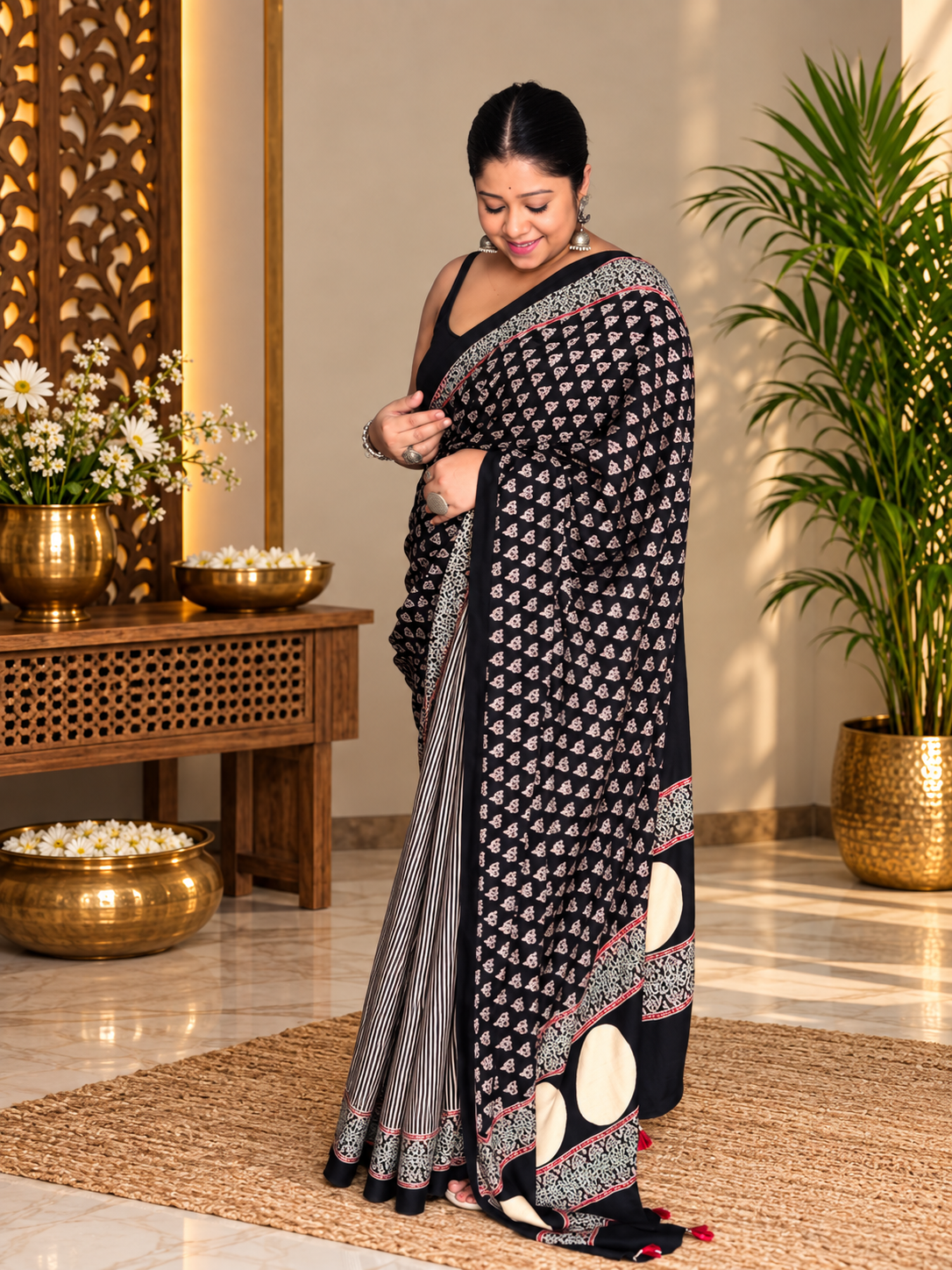 Very Beautiful Ajrakh Hand Block Printed Modal Silk Saree